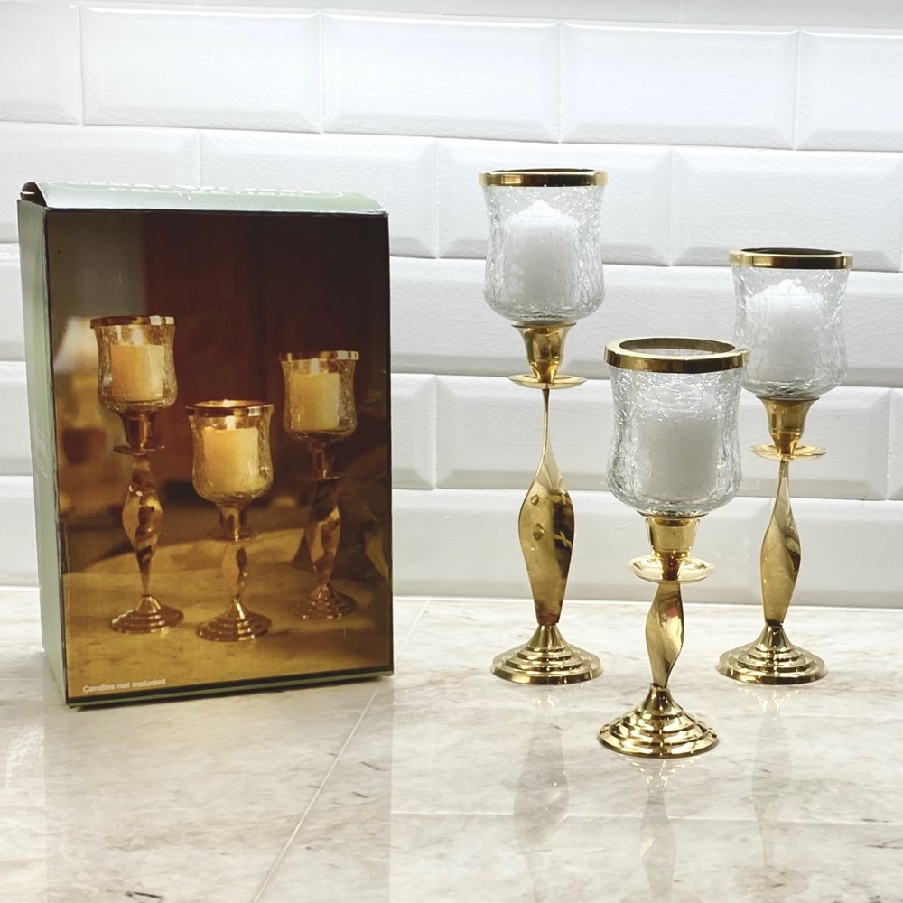Crackle Glass Candle Holders with Twisted Ribbon Brass Candle Pillars Set of 3